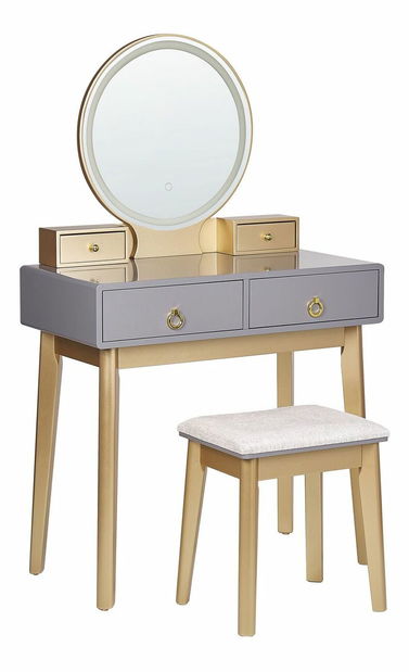 Toaletní stolek Fedro (šedá + zlatá) (s LED osvětlením)