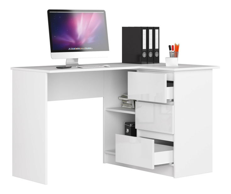 Rohový PC stolek Bodhi (bílá + bílý lesk) (P)