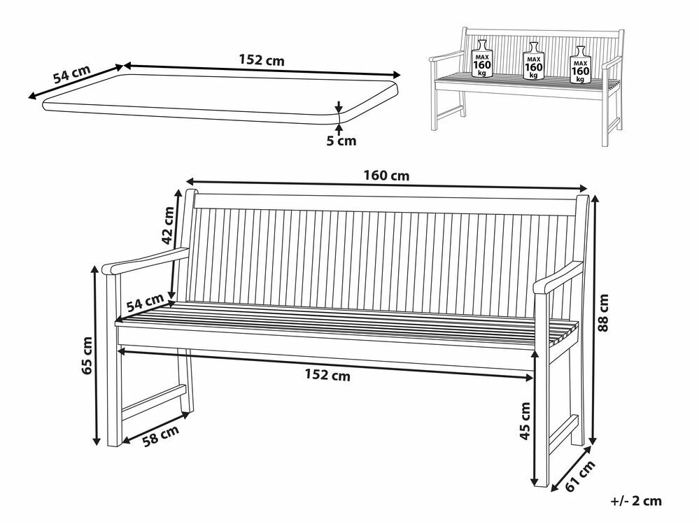 Zahradní lavice 160 cm VESTFOLD (dřevo) (tmavě červený podsedák)