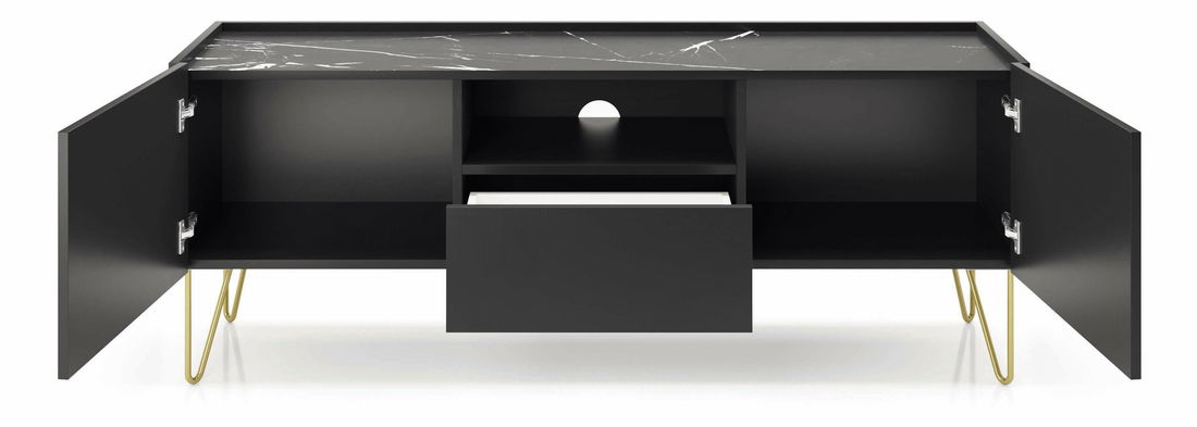 TV stolek/skříňka Harvest RTV144 (grafit černý + mramor black royal + zlatá)