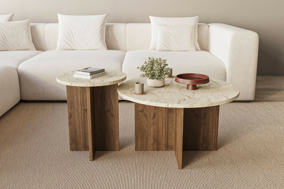 Set 2 ks. konferenčních stolků Priva (travertin + ořech)