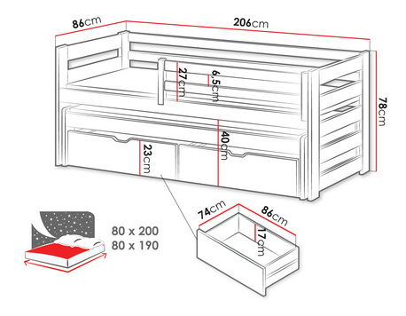 Dětská postel 80 cm Palkana (šedá) (s roštem) (s úl. prostorem)