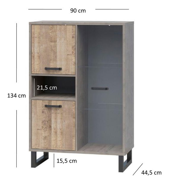 Vitrína Bennie (šedá + dub pískový)