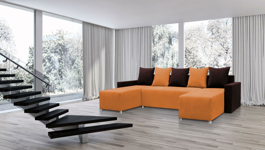 Rohová sedací souprava U Briston s opěrkami (tmavě hnědá oranžová + polštáře)