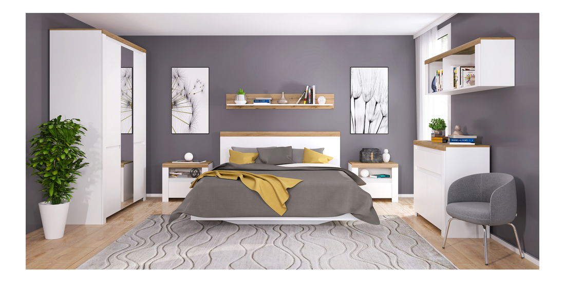 Šatní skříň Vina (bílá lesklá + dub wotan)