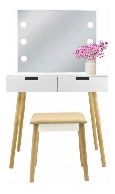 Toaletní stolek s taburetkou Omiko (s LED osvětlením) (bílá + béžová)