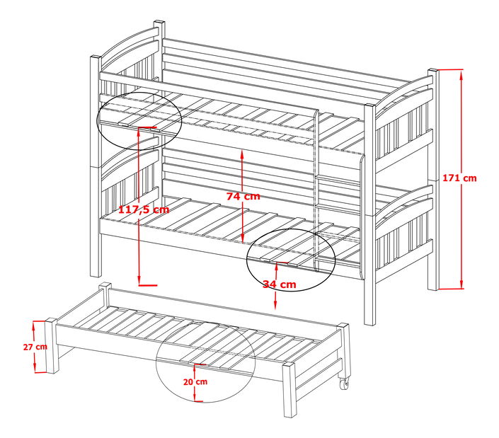 Dětská postel 90 cm IVA (s roštem a úl. prostorem) (grafit)
