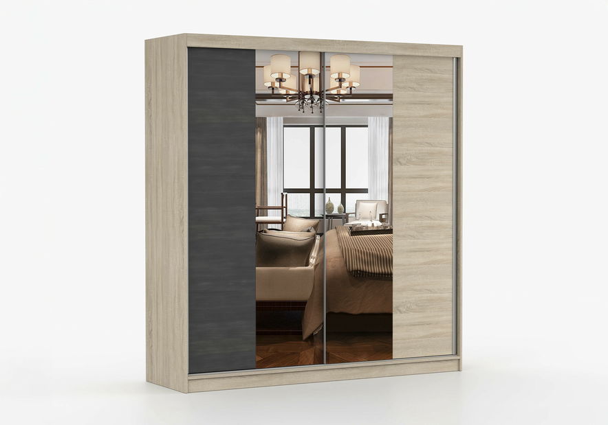 Šatní skříň Wisteria (dub sonoma + borovice černá norská + zrcadlo)