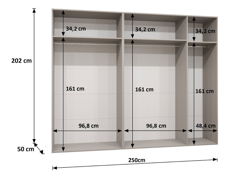 Šatní skříň 250 cm Borry 1 (bílá + stříbrná)