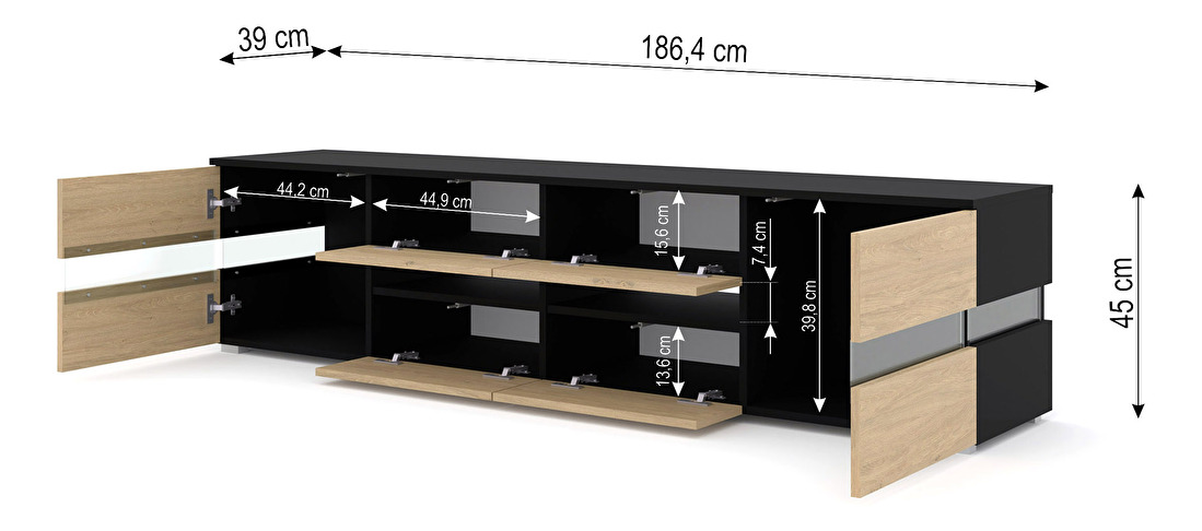 TV stolek/skříňka Vaimo (matná černá + dub kamenný) (s osvětlením)