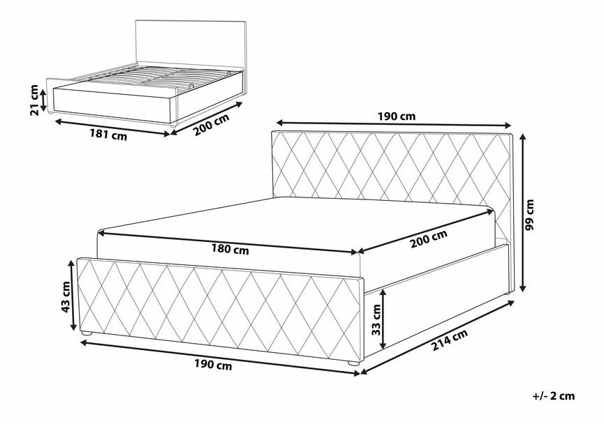 Manželská postel 180 cm ROFARIO (šedá) (samet) (s roštem a úl. prostorem)