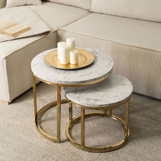 Set 2 konferenčních stolků Oponia (mramor + zlatá)