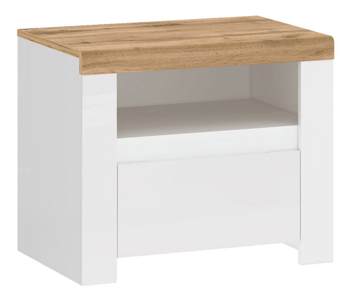 Noční stolek Vilgi 1S (lesk bílý + dub wotan)