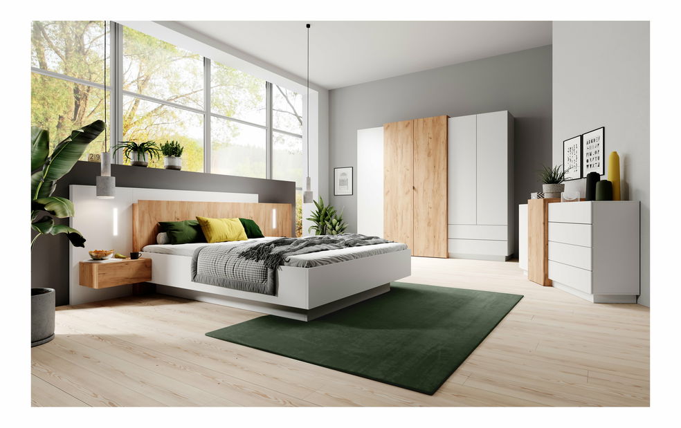 Manželská postel 160 cm s nočními stolky Three (s úložným prostorem) (s osvětlením) (dub craft zlatý + bílá)