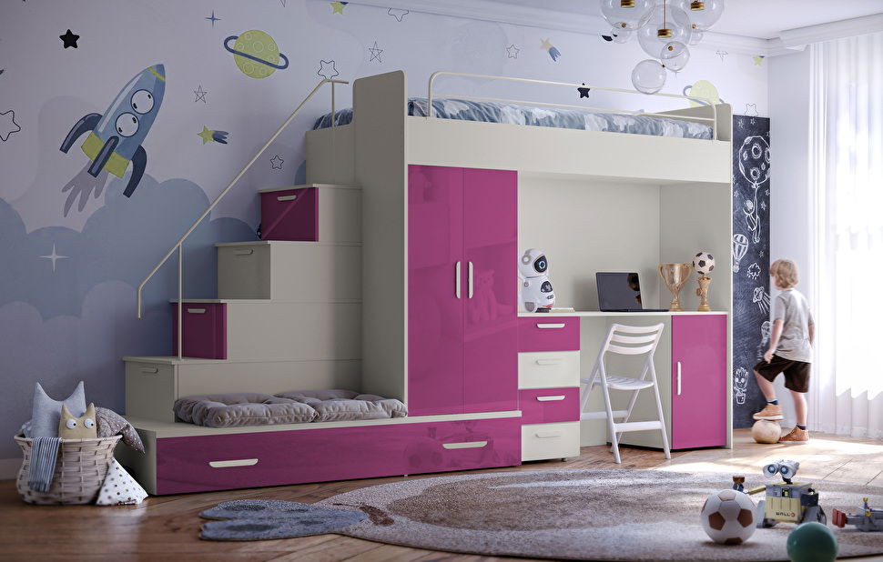 Dětská postel Ruby V (kašmír + lesk růžový) (s rošty)