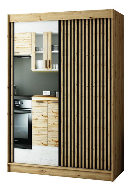 Šatní skříň 150 cm Ladonna 2 (dub artisan + černá matná) (se zrcadlem)