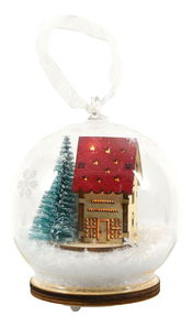 Skleněná ozdoba s dekorem "domeček" a umělým sněhem RXL 365