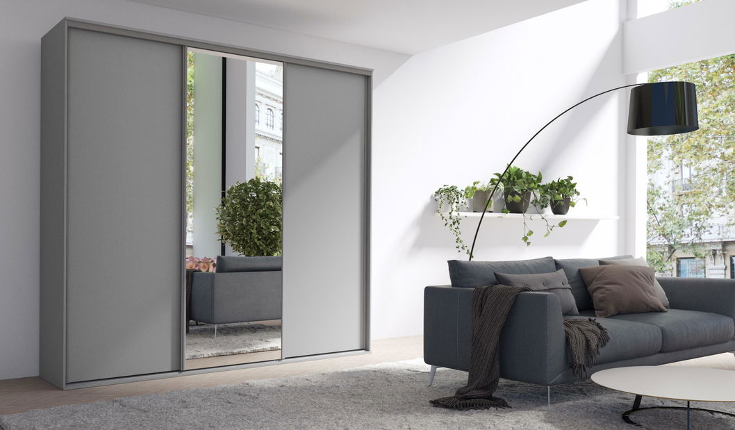 Šatní skříň s posuvnými dveřmi Gantera 2 B (šedá) (se zrcadlem)