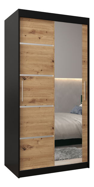 Šatní skříň 100 cm se zrcadlem Verika 2 100 (černá + dub artisan)