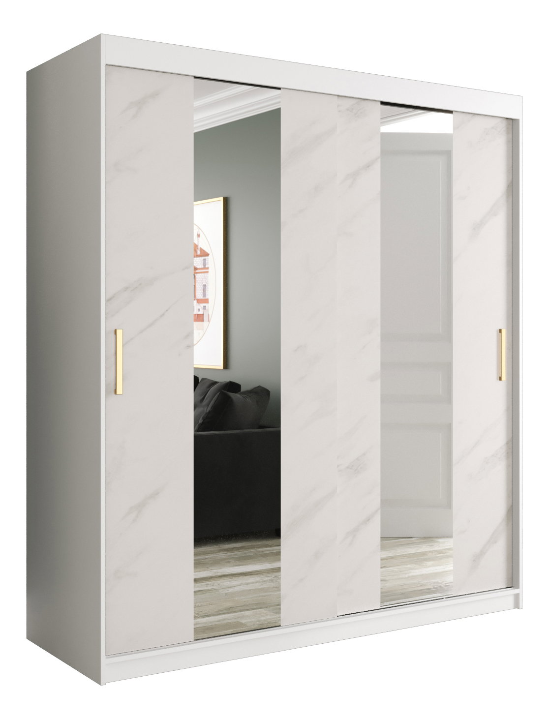 Šatní skříň 180 cm Marbelo P (matná bílá + bílý mramor)