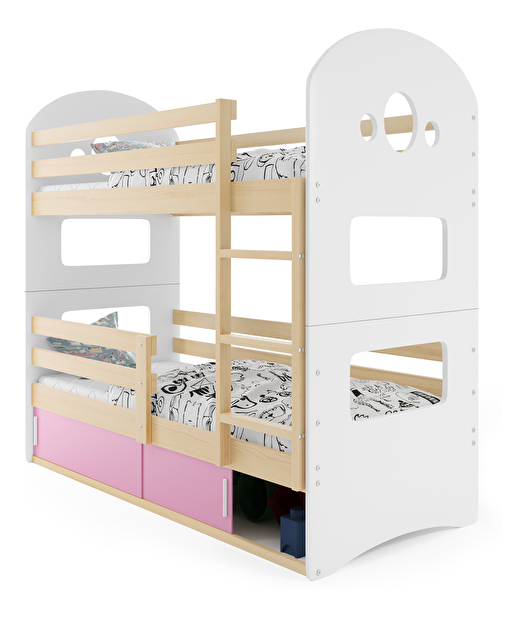 Patrová postel 80 x 160 cm Domur (borovice + růžová) (s rošty, matracemi a úl. prostorem)