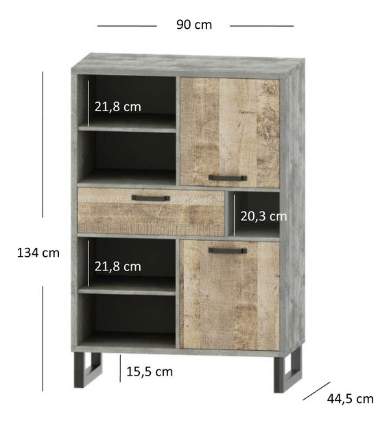 Regál Bennie 2D1S (šedá + dub pískový)