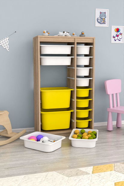 Organizér na hračky Dremonka 6 (dub sonoma + bílá + žlutá)