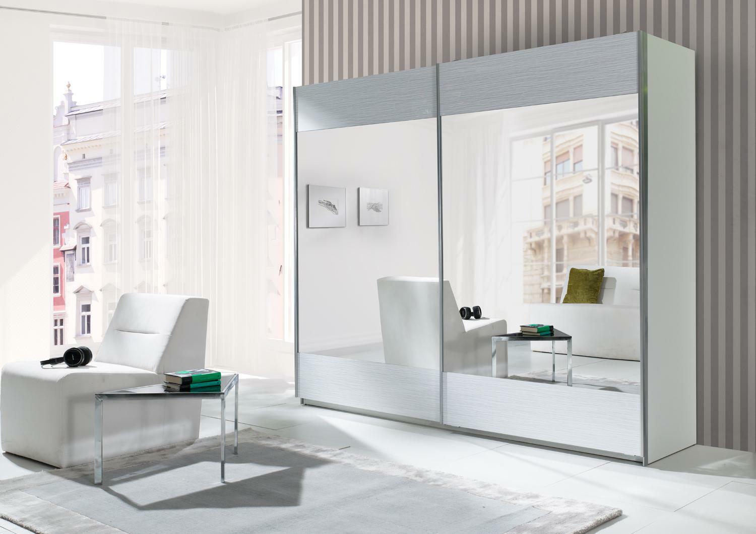 Šatní skříň s posuvnými dveřmi Laurenia (bílá) (se zrcadlem)