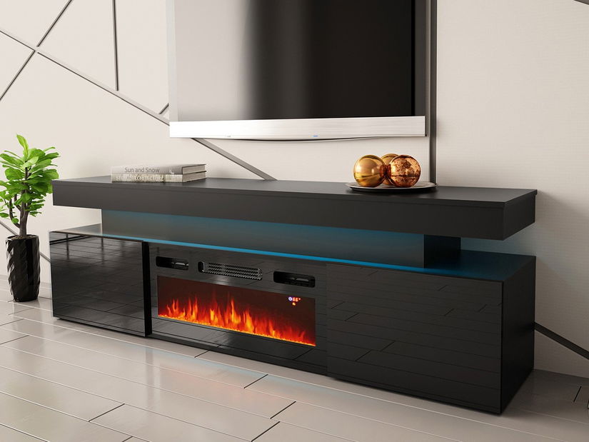 TV skříňka s krbem Lesteralo EF 2D 190 (černá + lesk černý) (s modrým LED osvětlením)
