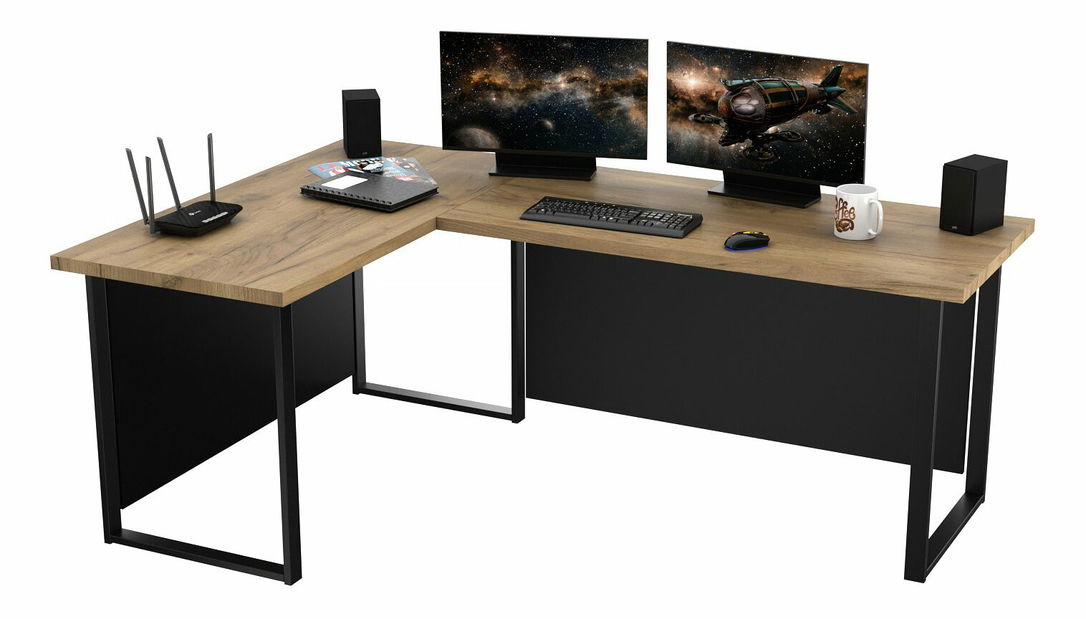 Rohový pc stůl Vintid (dub craft + černá)