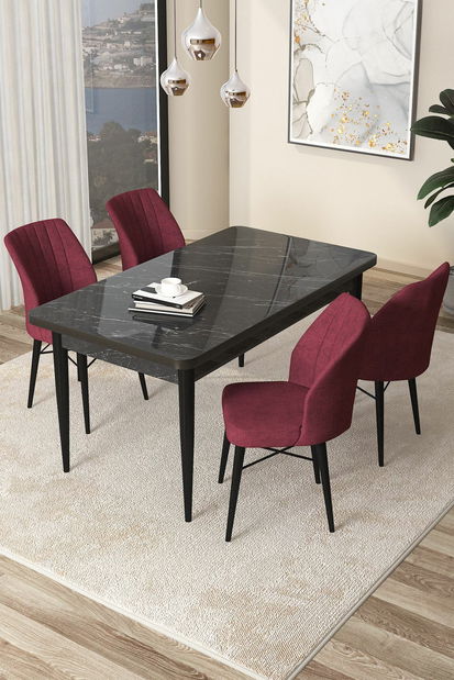 Jídelní set Arpo (mramor černý + vínová) (pro 4 osoby)