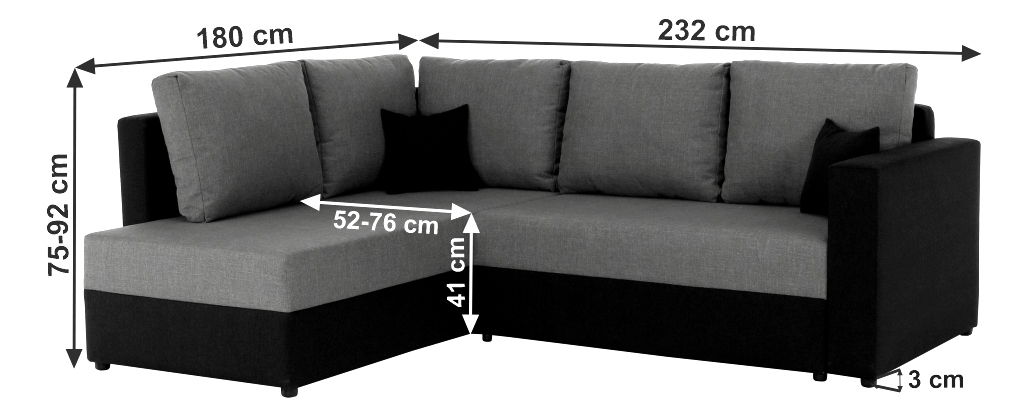 Rohová sedací souprava Udan černá + svetlošedá (P)
