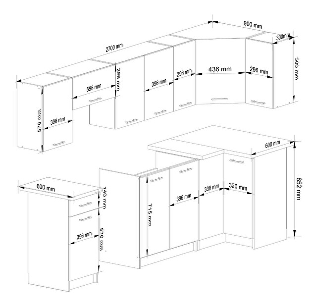 Rohová kuchyňská sestava 300 cm Ozara III (bílá + beton)