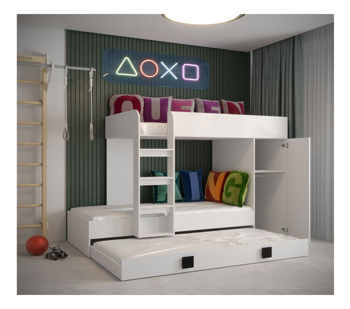 Dětská kombinovaná postel 90 cm Toreno 2 (bílá + bílý lesk + tyrkysový lesk)