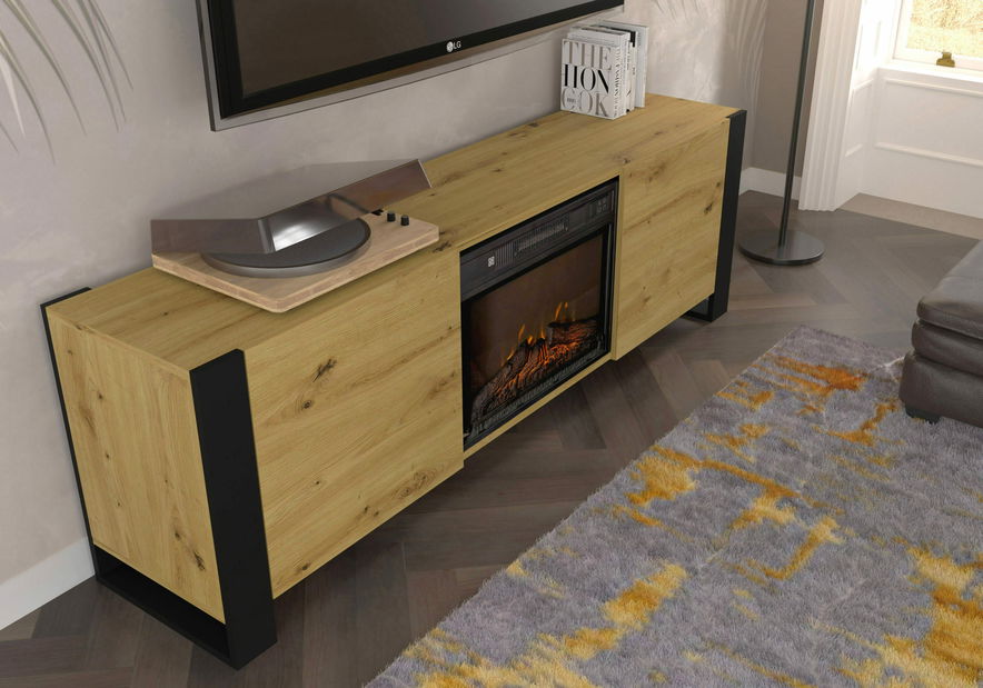 TV skříňka/stolek s krbem Montana (dub artisan + černá)