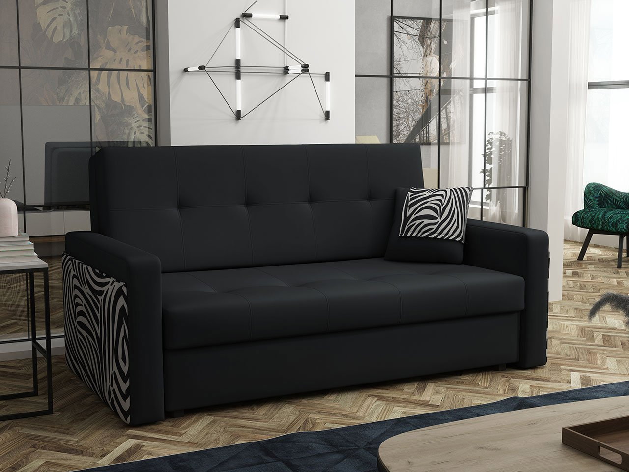 Rozkládací pohovka Carivia Mel III (černá + zebra) (s úl. prostorem)