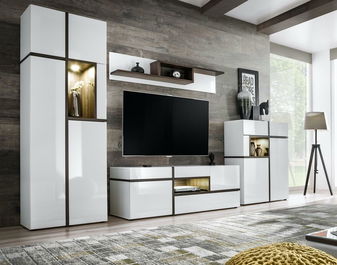 Obývací stěna Carlyn 1 (bílá matná + jilm perlový + vysoký lesk bílý) (s osvětlením)