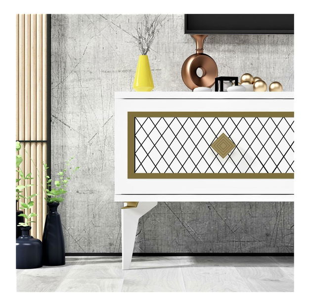 TV stolek/skříňka Mukanu (bílá + zlatá)