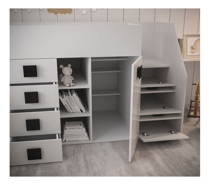 Dětská kombinovaná postel 90 cm Toreno 3 (bílá + bílý lesk + bílá lesklá madla) (P)