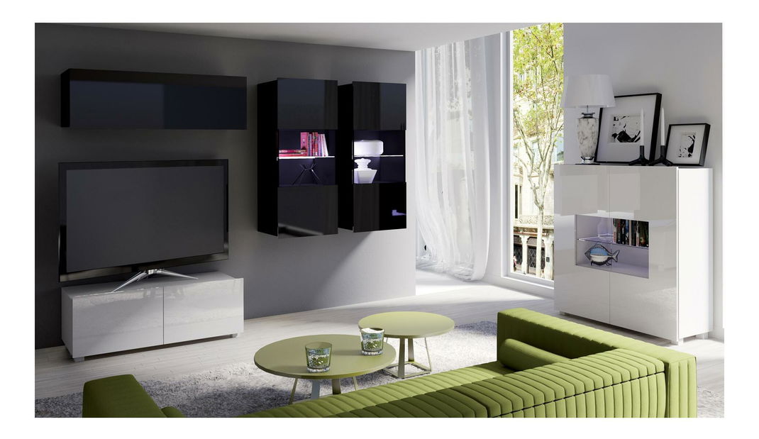 Obývací pokoj Calabria 3 (bílá matná + lesk bílý + černá matná + lesk černý) (s osvětlením)