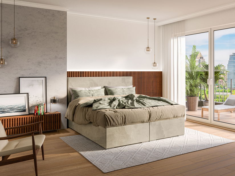 Boxspring postel 180 cm Lemmy (světlobéžová) (s matrací a úl. prostorem)