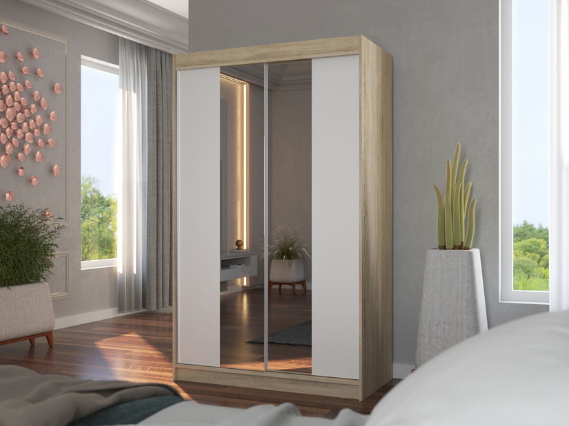 Šatní skříň Madio (dub sonoma + bílá) (se zrcadlem)
