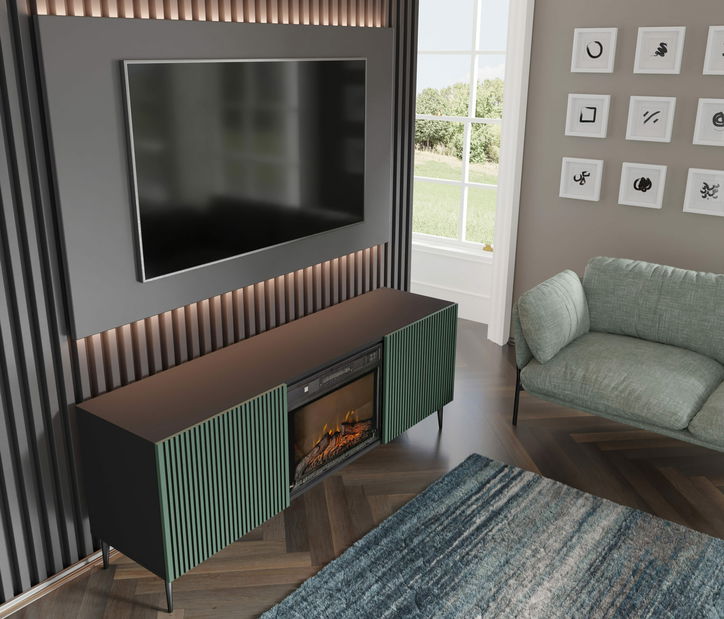 TV skříňka/stolek s elektrickým krbem FPB 2D 170 C Rowanna (černá + tmavě zelená)