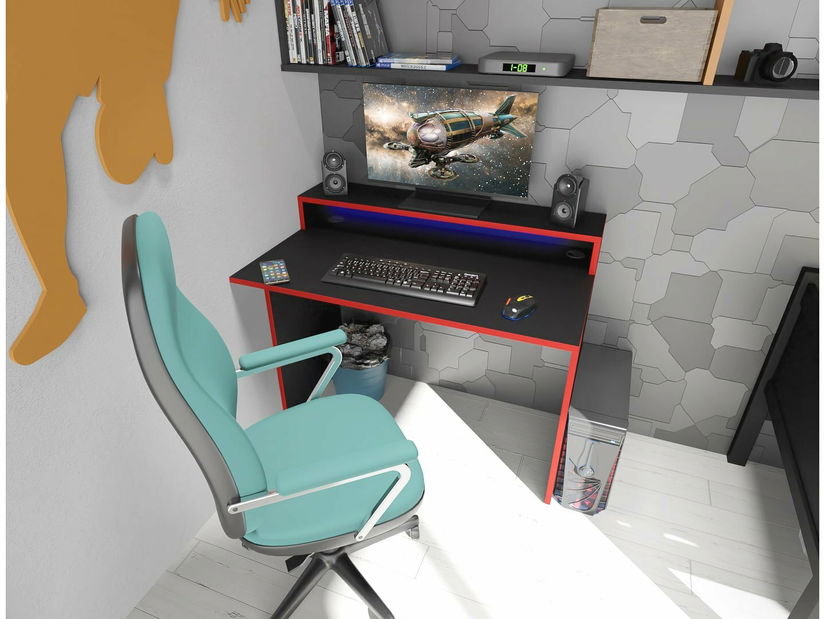 Herní pc stůl Adapt (černá + červená) (s RGB LED osvětlením)