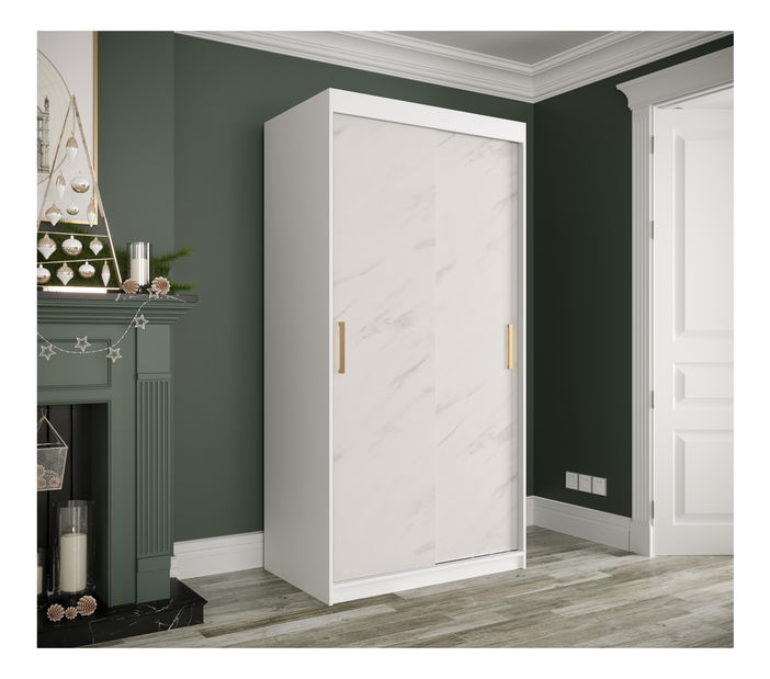 Šatní skříň 100 cm Marbelo T (matná bílá + bílý mramor)
