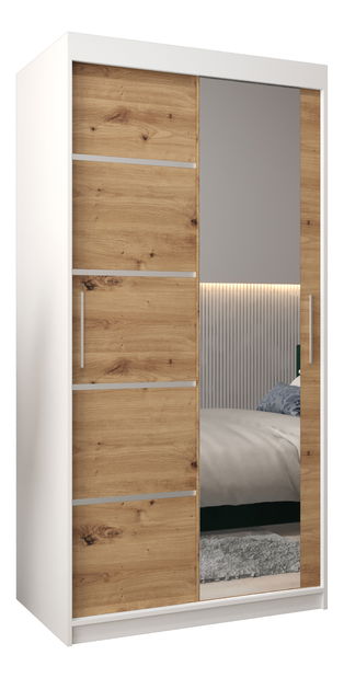 Šatní skříň 100 cm se zrcadlem Verika 2 100 (bílá + dub artisan)