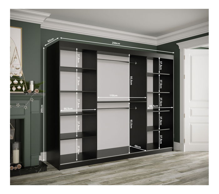 Šatní skříň 250 cm Marbelo T (matná bílá + černý mramor)