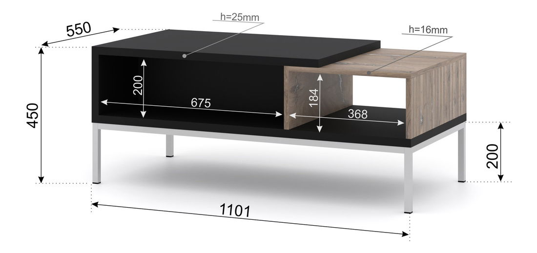 Konferenční stolek Toleo (dub flasgstaff + černá + stříbrná)