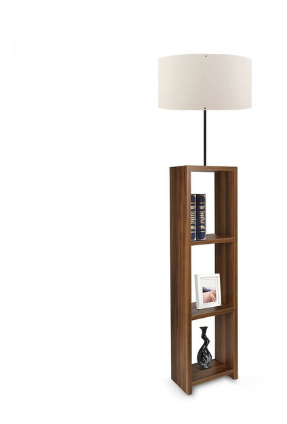 Stojanová lampa s policemi Astaresta 3 (krémová + tmavé dřevo)